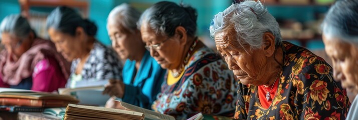 Poster - A group of elderly individuals focuses intently on studying foreign languages, surrounded by textbooks and dictionaries in a lively classroom environment. Generative AI
