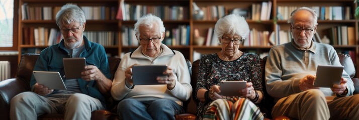 Poster - A group of elderly individuals are focused on their tablets, seated comfortably in a warm, inviting library surrounded by bookshelves. Generative AI