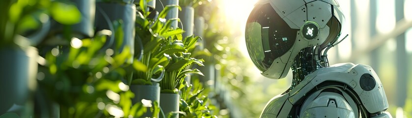 Poster - robotic gardeners tending to vertical urban farm promoting sustainable agriculture