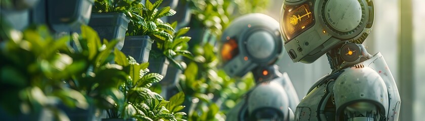 Poster - Robot Gardeners Tending to Vertical Farm Promoting Sustainable Urban Agriculture Futuristic Concept
