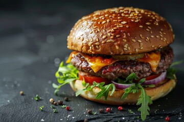 Delicious gourmet burger with fresh ingredients and a sesame seed bun.