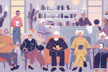 Leinwandbilder - A group of elderly individuals interact with their devices in a warm, inviting library filled with books and comfortable seating. Generative AI