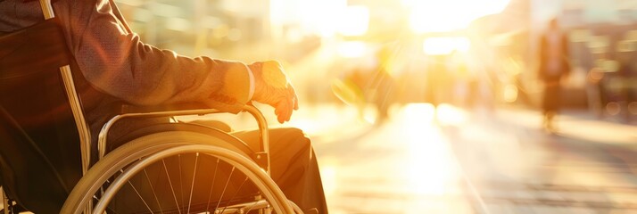 Poster - Person in a wheelchair in a busy urban environment with bright sunlight. Accessibility and inclusion.