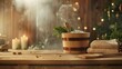 © AkuAku - Holiday Theme Copy Space with Sauna Accessories in Steam Room