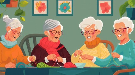Poster - Four elderly individuals joyfully knit and share stories in a cozy community center, fostering creativity and companionship. Generative AI
