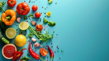 Poster - Fresh vegetables and spices on a vibrant blue background. Healthy eating and culinary preparation concept.