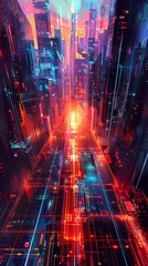 Poster - futuristic neon cityscape with glowing lights, tall buildings, and vibrant colors in a cyberpunk the