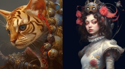 Poster - Steampunk Cat and Lady with Flowers