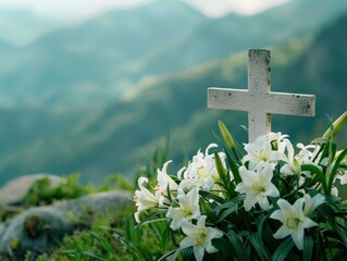 A white cross is on a field of flowers