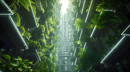 Poster - Futuristic Vertical Hydroponics Farm Inside Skyscraper with LED Lighting