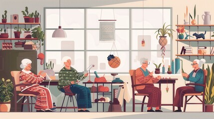 Aufkleber - Elderly individuals focus on knitting and sewing while sharing their skills in a warm, inviting space filled with plants and craft supplies. Generative AI