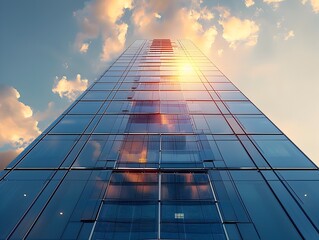 Wall Mural - Innovative Skyscraper with Integrated Solar Panels and Gleaming Glass Facade Against Vibrant Sunset Sky