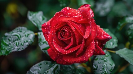 Wall Mural - Macro shot of a blooming red rose with raindrops and green leaves