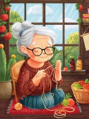 Poster - A group of elderly individuals enjoys knitting and sewing together, sharing skills and fostering creativity in a warm and inviting space. Generative AI