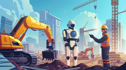 Poster - Construction site with a robot and engineer discussing project plans. Futuristic robotics in civil engineering.