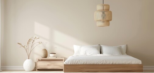 Poster - A modern bedroom interior with a wooden bed and bedside table set against a beige wall background, captured in a closeup view to highlight the minimalist home design style.