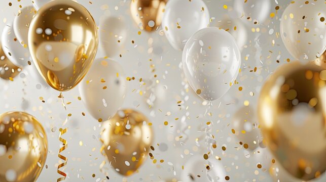 3D rendering of a birthday background with gold and white balloons, confetti, and ribbon, perfect for anniversary celebrations.