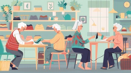 Aufkleber - Elderly individuals joyfully participate in knitting and sewing, sharing skills and creativity in a warm, inviting craft space. Generative AI