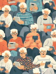 Leinwandbilder - A diverse group of elderly individuals is actively using tablets and smartphones in a warm, inviting indoor environment, showcasing their connection to technology. Generative AI