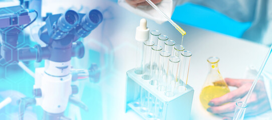 Poster - laboratory assistant desk. microscope and flasks on scientist desk. hands of laboratory technician w