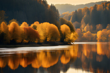 Poster - autumn landscape with lake and trees