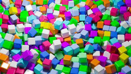 Poster - Bright background. Multi-colored cubes. Childish texture. Abstract pattern. Background made of cubes. Backdrop for baby store. Bright decoration. Colorful background. Wallpaper, screensaver. 3d image