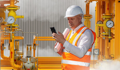 Poster - man near gas equipment. industrial engineer. gas distribution station employee. factory fuel supply 