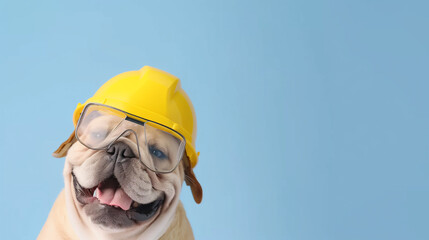 A bulldog wearing a yellow construction worker helmet, isolated on a blue background with ample copy space. This image captures the concept of a cheerful bulldog acting as an engineer or architect, pe