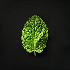 Wall Mural - Single Mint Leaf on Black Background.