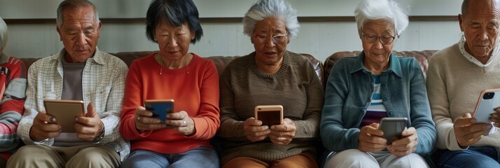 Aufkleber - A group of elderly individuals interacts with their mobile phones, seated side by side in a warm and inviting living room. Generative AI