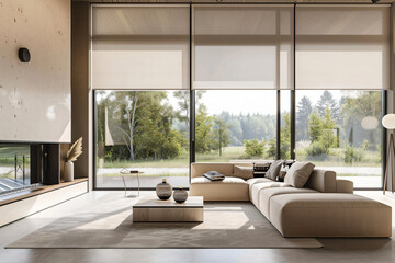 Sticker - Modern living room with large windows and a sectional sofa.