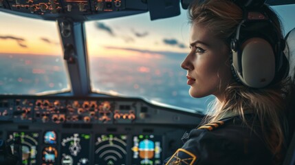 Canvas Print - A woman piloting a plane with a beautiful face looking out the window