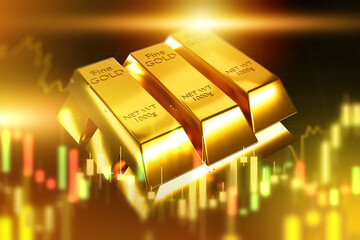 Poster - Investments in gold. Graphs near golden bars. Fluctuations in gold prices. Investments in purchase of golden metal. Aurum for capital saving. Trading on gold and foreign exchange exchange. 3d image