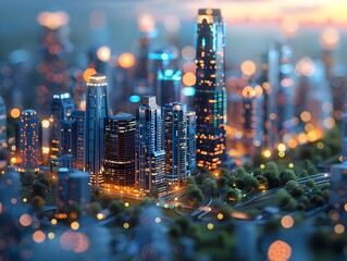Poster - Futuristic City Skyline at Night with Digital Twin Visualization of Resource Management and Sustainability Strategies