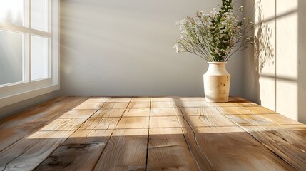 Sticker - Minimalist Wooden Table with Sunlight Streaming Through Window for Eco Friendly Product Showcase