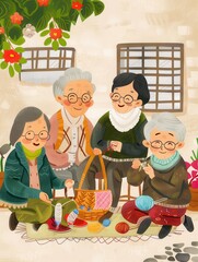 Aufkleber - A group of elderly individuals collaborates on knitting and sewing, sharing skills and enjoying each other's company in a cheerful environment. Generative AI