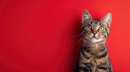 Wall Mural - Tabby cat on red backdrop with room for text