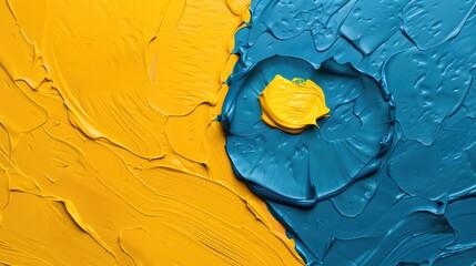 Poster - Vibrant acrylic paint texture featuring bold yellow and blue swirls with a circular design, perfect for artistic projects.