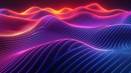 Poster - Vibrant wave patterns illuminated with neon colors, creating a dynamic and immersive abstract landscape of light and motion.