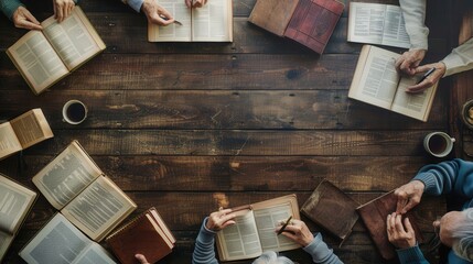 Poster - Elderly individuals gather around a wooden table, studying foreign languages with textbooks, dictionaries, and taking notes together. Generative AI