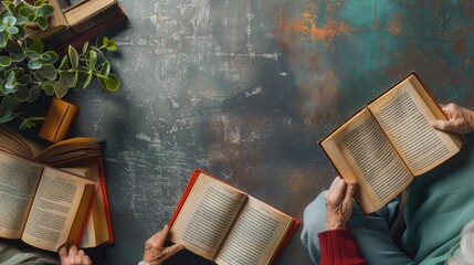 Poster - Elderly individuals gather, focusing intently on textbooks and dictionaries while studying foreign languages together in a warm atmosphere. Generative AI