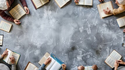 Poster - A group of elderly individuals is studying foreign languages using textbooks and dictionaries at a community center in the afternoon. Generative AI