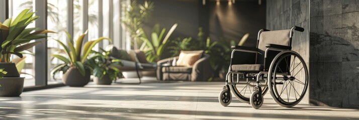 Poster - Empty wheelchair in a bright modern living room with plants. Highlighting the importance of accessibility in home design.