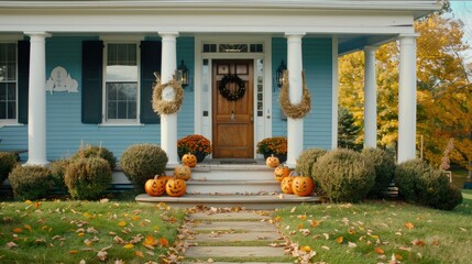 Wall Mural - The porch steps are adorned with an array of pumpkins, lanterns, and vibrant fall leaves, creating a welcoming seasonal atmosphere