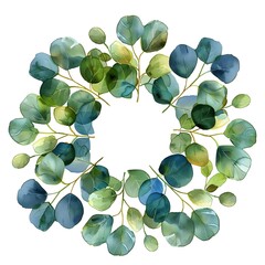 Canvas Print - Elegant Watercolor Eucalyptus Leaf Wreath in Soft Green and Blue Tones on White Background