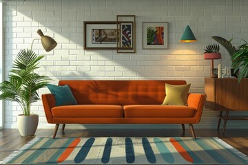 Poster - Mid-Century Modern Living Room with Orange Sofa