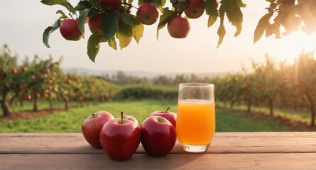 Poster - Fresh apples and apple juice on table, garden background. Harvest