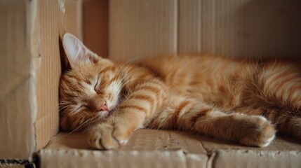 Poster - Cute red feline napping on cardboard