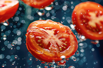 A closeup of a juicy, ripe tomato with water droplets glistening on its surface, showcasing its fresh, red color and vibrant, organic nature