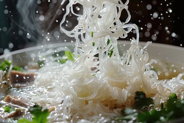 Close-up of White Noodles Falling into Broth with Herbs